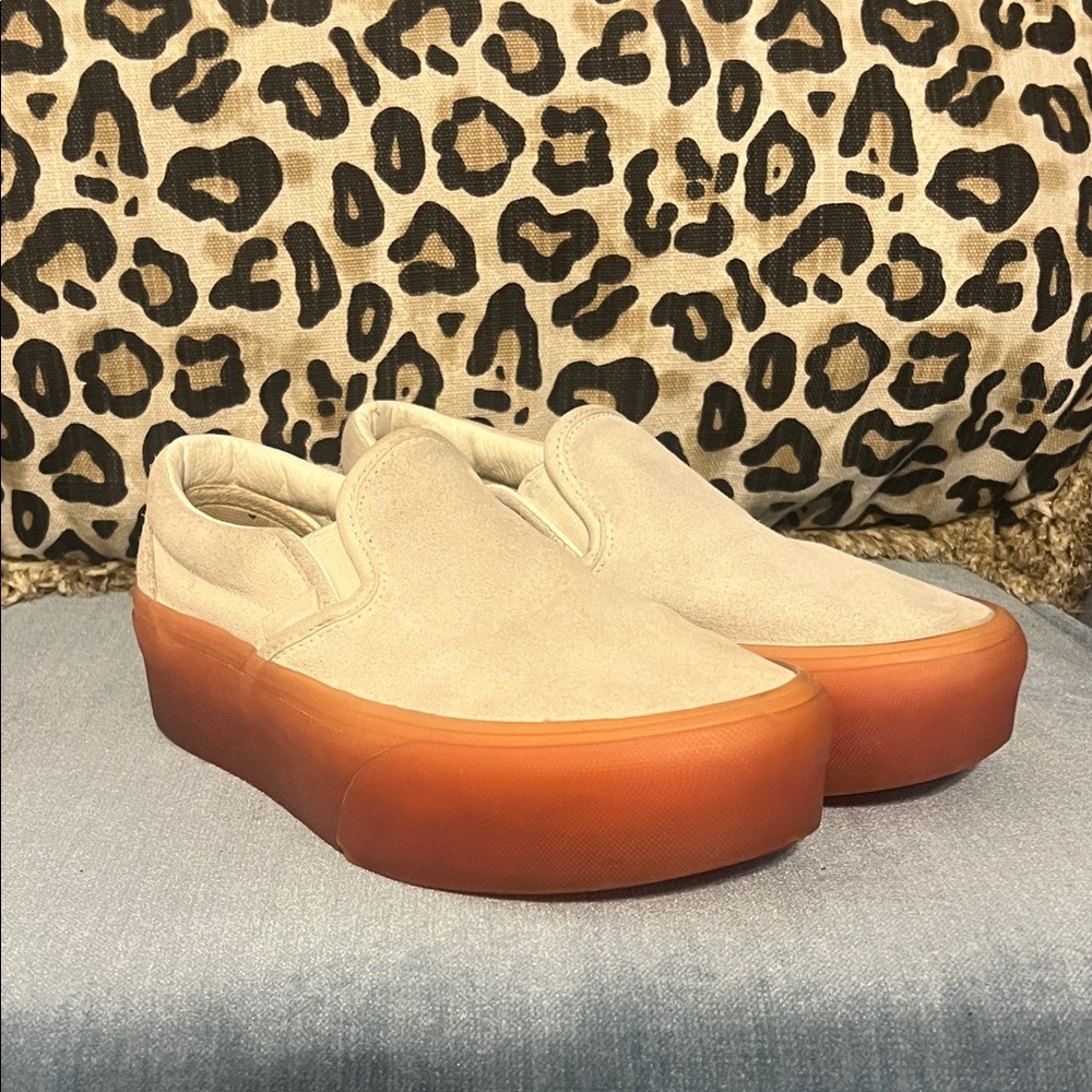 Vans Beige Slip-On Sneakers with Orange Platform Sole